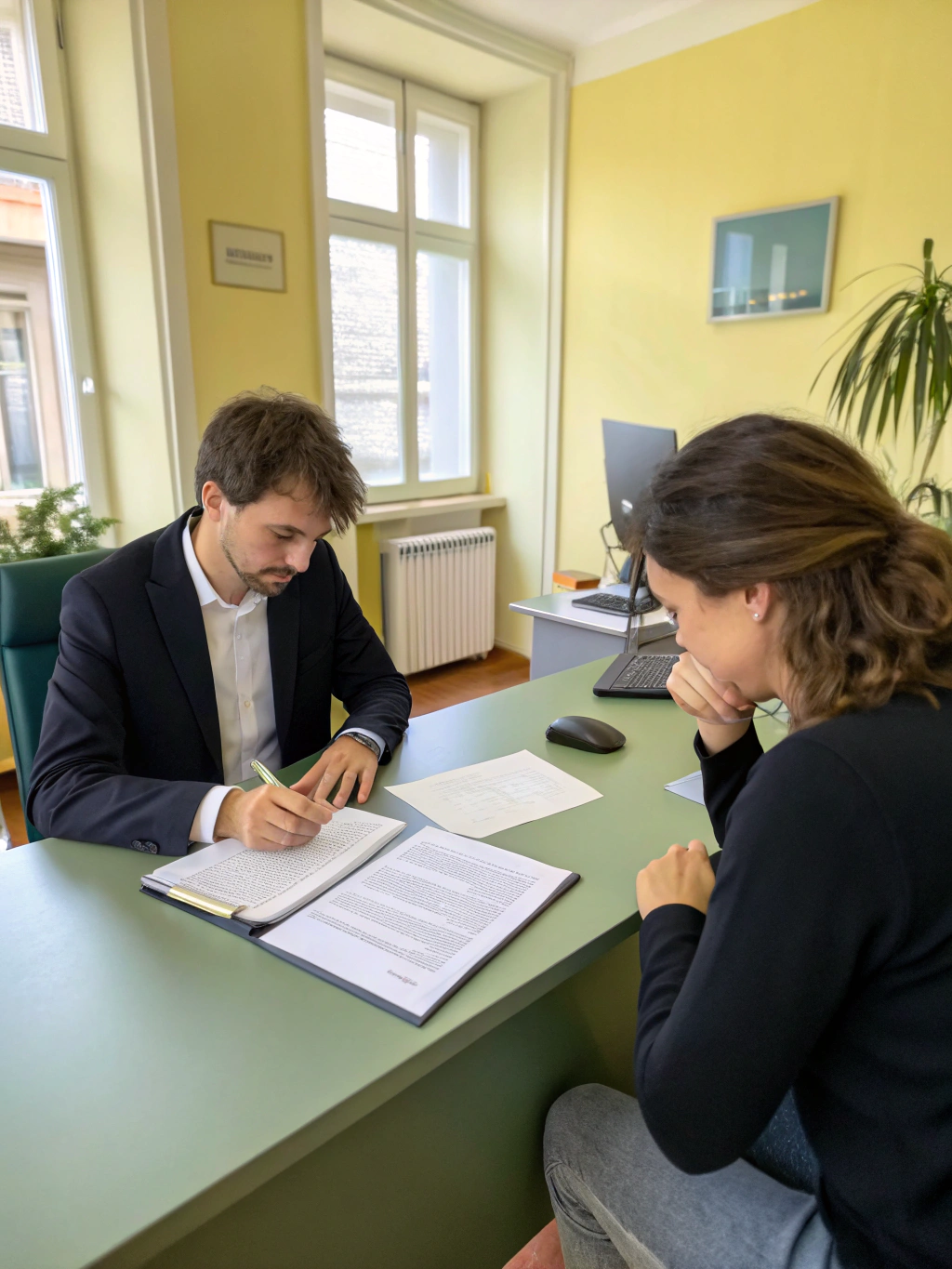 Professional legal counsel reviewing documents