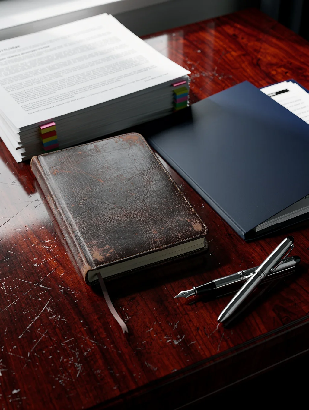 Professional legal documents on a mahogany desk