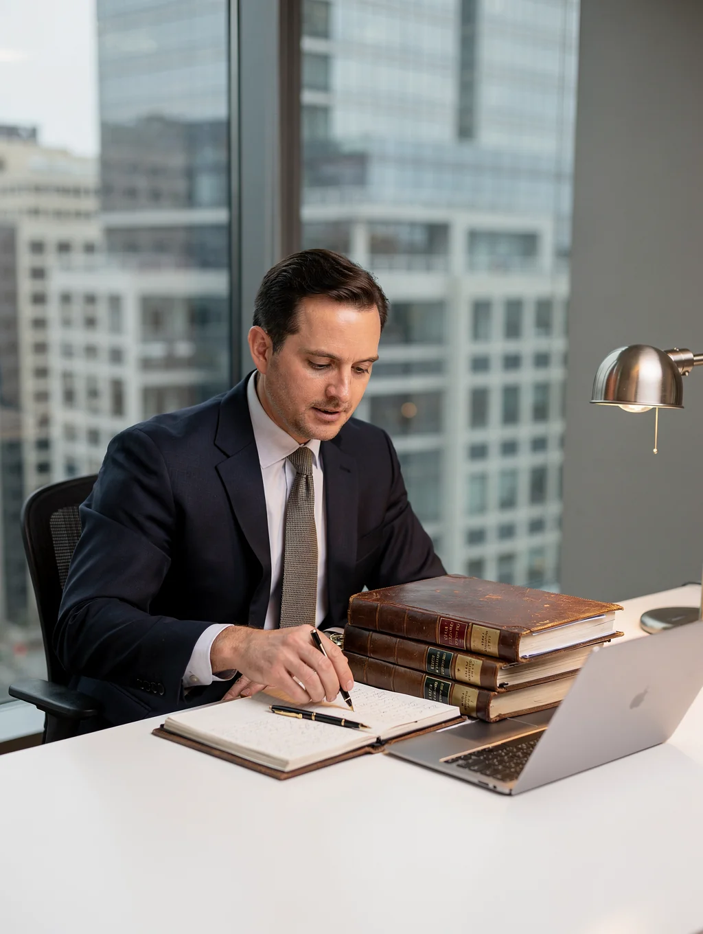 Senior attorney reviewing corporate legal documents